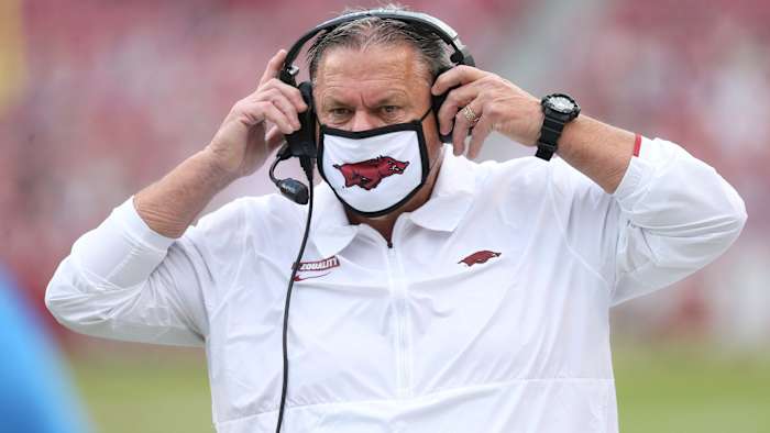 Arkansas Razorbacks head coach Sam Pittman during the second half against the Ole Miss Rebels at Donald W. Reynolds Razorback Stadium. Arkansa won 33-21.